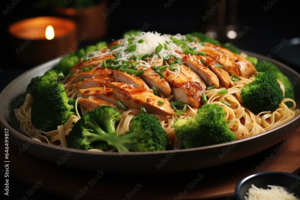 Whole wheat pasta with chicken and broccoli, Food.