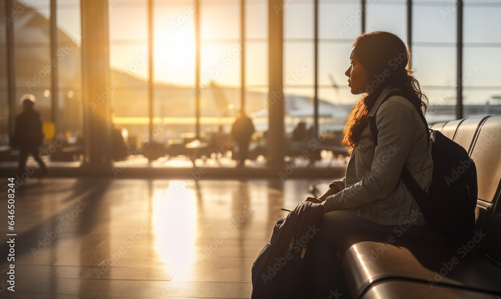 Happy smiling black skin female traveler in airport, Woman sitting at the terminal waiting for her f