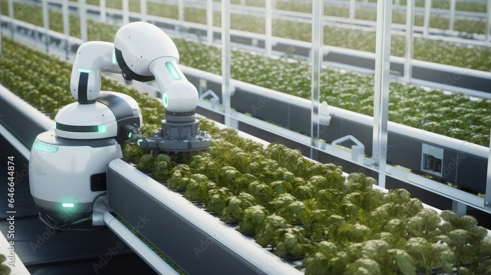 Smart farming and technology, AGV robot courier cars transporting hydroponics vegetable crates to st