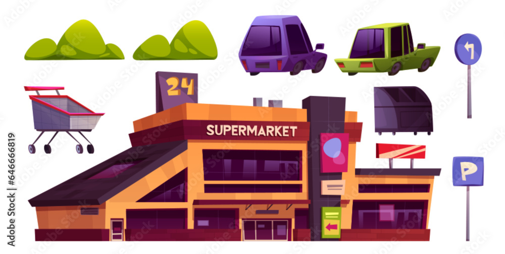 Supermarket parking cartoon vector set - facade of large hypermarket, parked cars, lot signs and gre