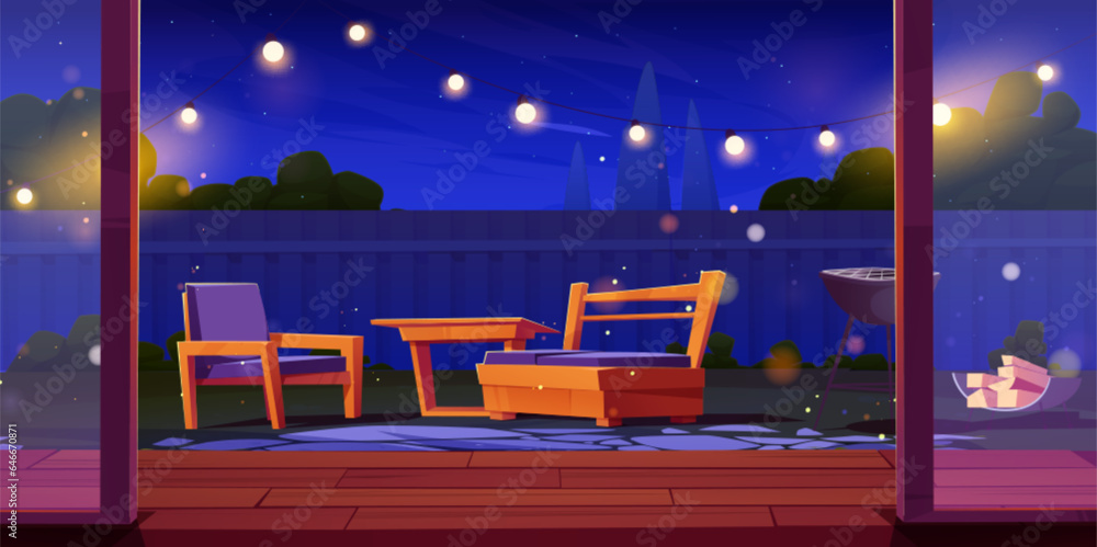 Night backyard with garden furniture. Vector cartoon illustration of house patio with glass door, wo
