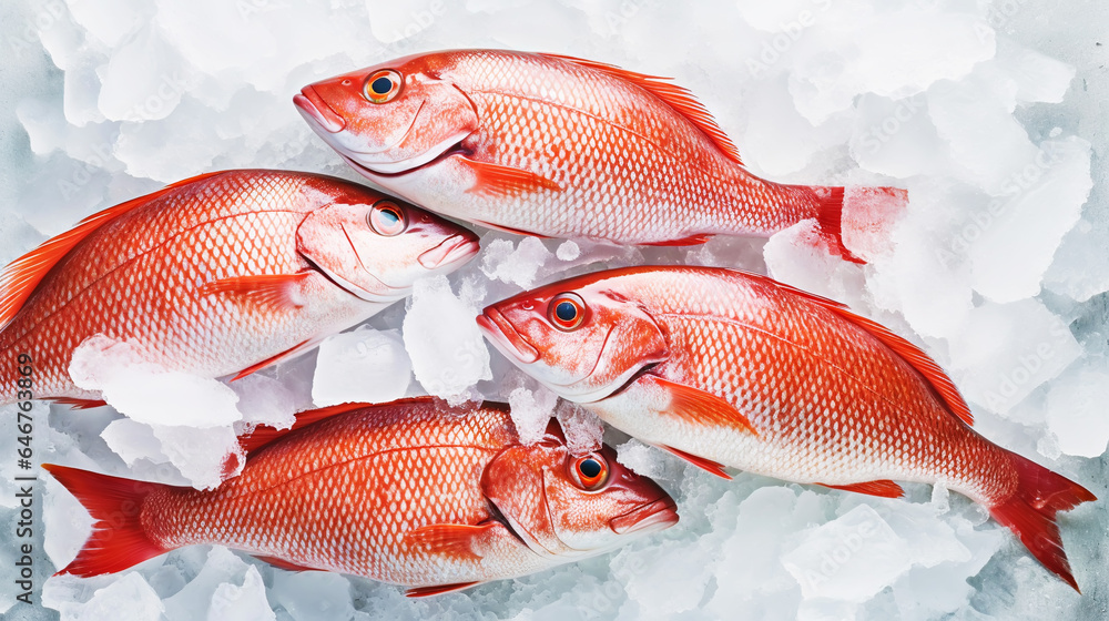 Red snapper fish catch in ice cubes. Seafood background. Generative AI