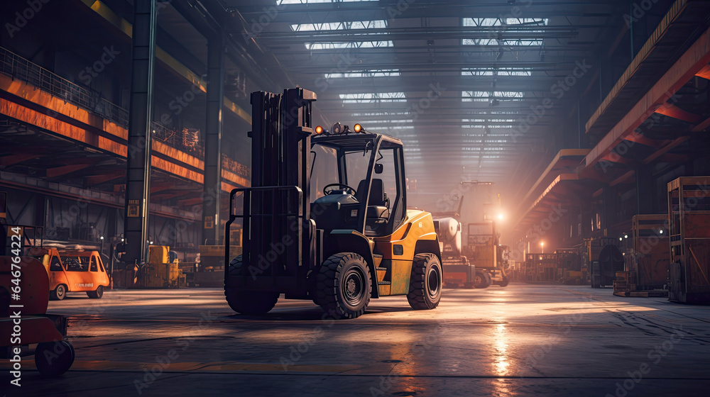 A forklift lifting in industrial plant. Generative Ai