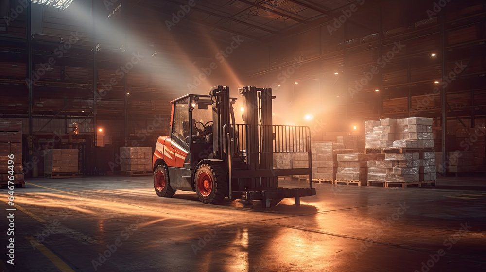 A modern forklift lifting product pallets in large warehouse. Generative Ai