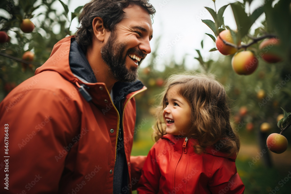 Father and little daughter visit an apple orchard, rejoice, harvesting apples in the garden, fresh a