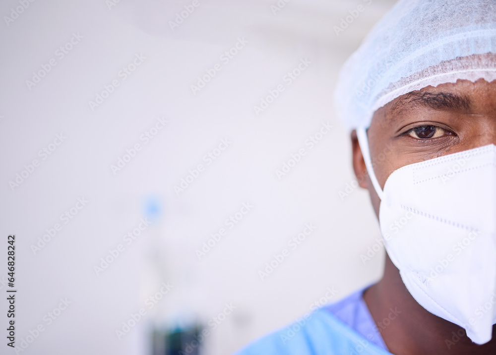 Portrait, face mask and black man, surgeon or healthcare expert for surgery support, hospital servic