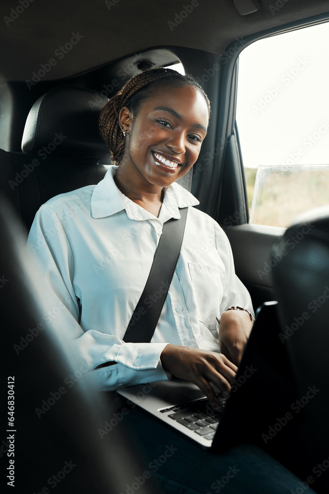 Laptop, smile and portrait of black woman in taxi to travel, typing email and remote work on interne