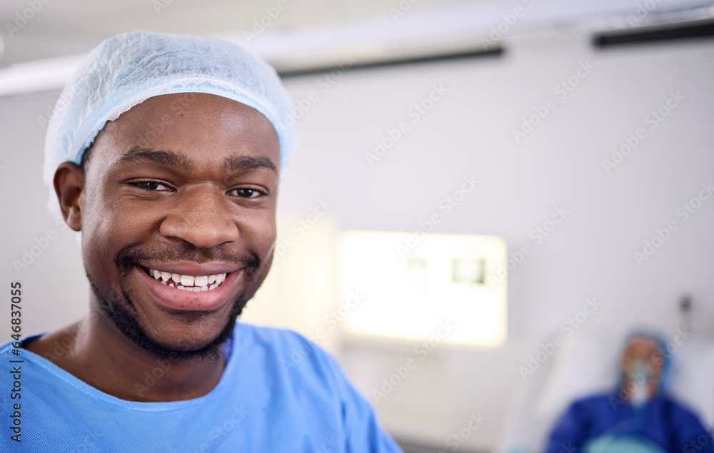 Smile, portrait and black man, surgeon or healthcare expert for patient surgery support, hospital se
