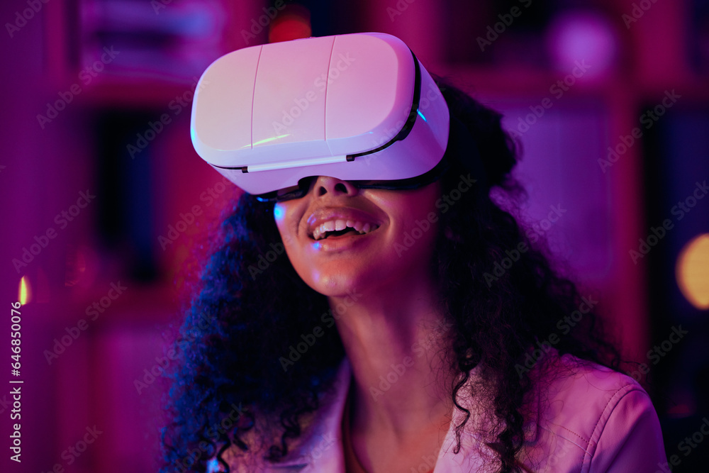 Woman, video and virtual reality, digital world and 3D with future technology, UX and neon lighting.
