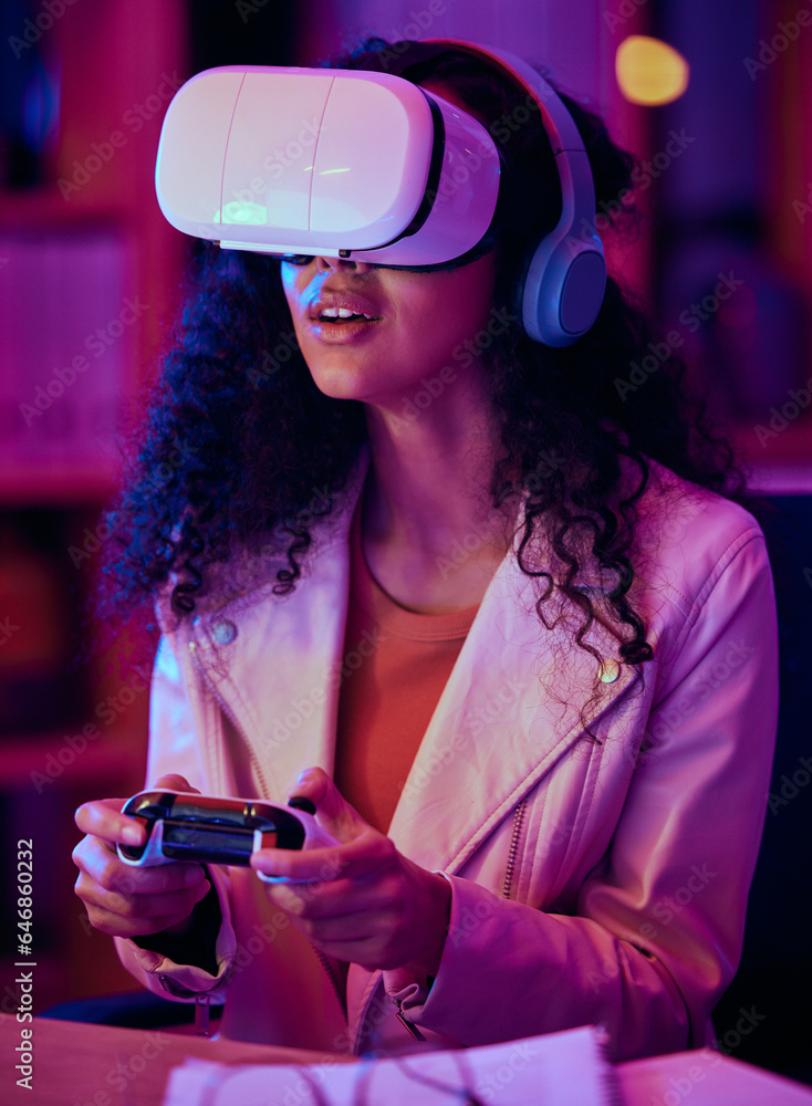 VR, glasses and woman, gaming developer and programmer test game software, futuristic technology and