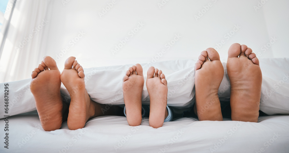 Sleeping, feet and family in a bed with love, relax and resting in comfort in their home together. B