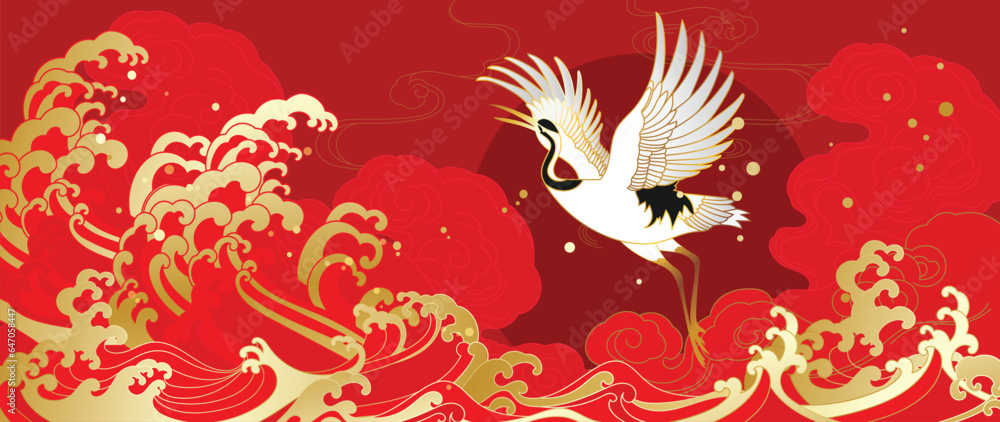 Luxury gold oriental style background vector. Chinese and Japanese oriental line art with golden tex