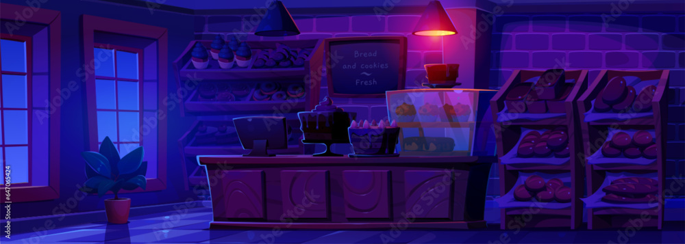 Night bakery shop interior with furniture. Vector cartoon illustration of dark cafe with lamp light,
