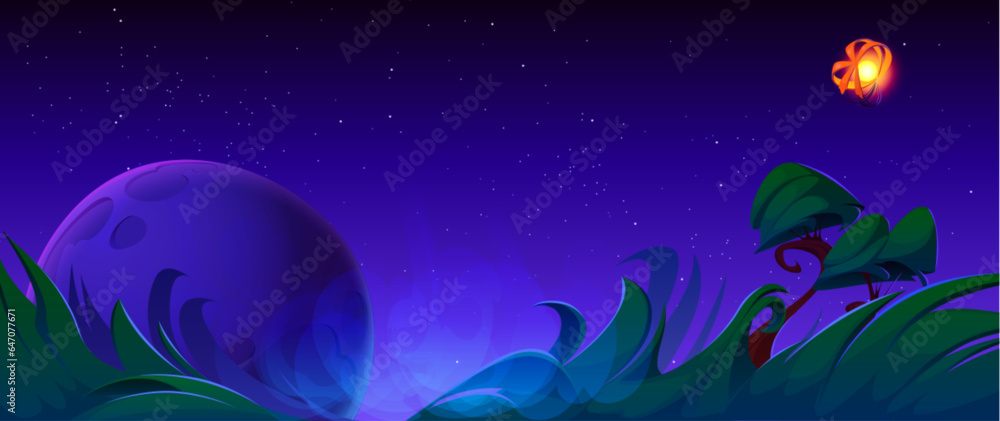 Asteroid falling in night blue sky background illustration. Dark starry landscape and meteorite at n