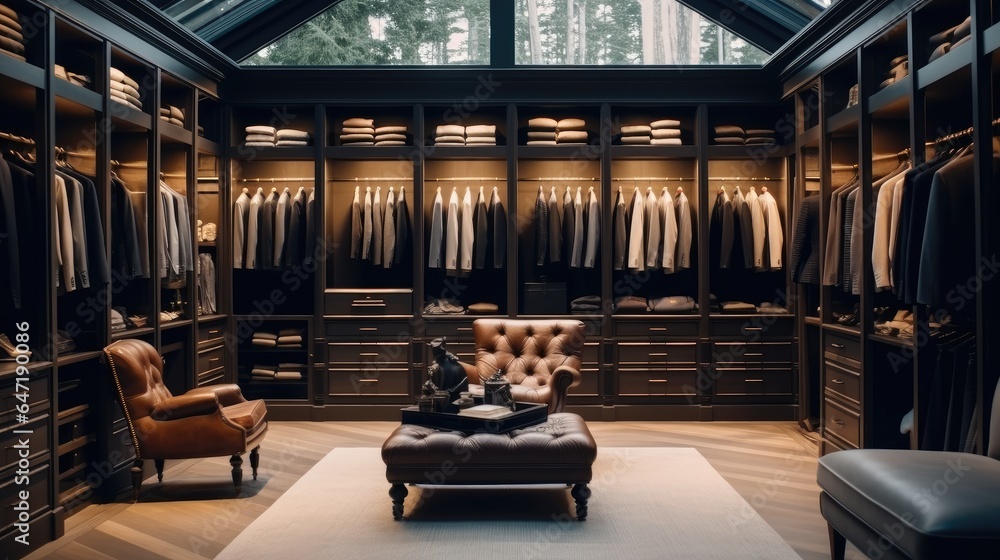 Mens clothing store, Luxury male wardrobe full of expensive suits, shoes and other clothes.