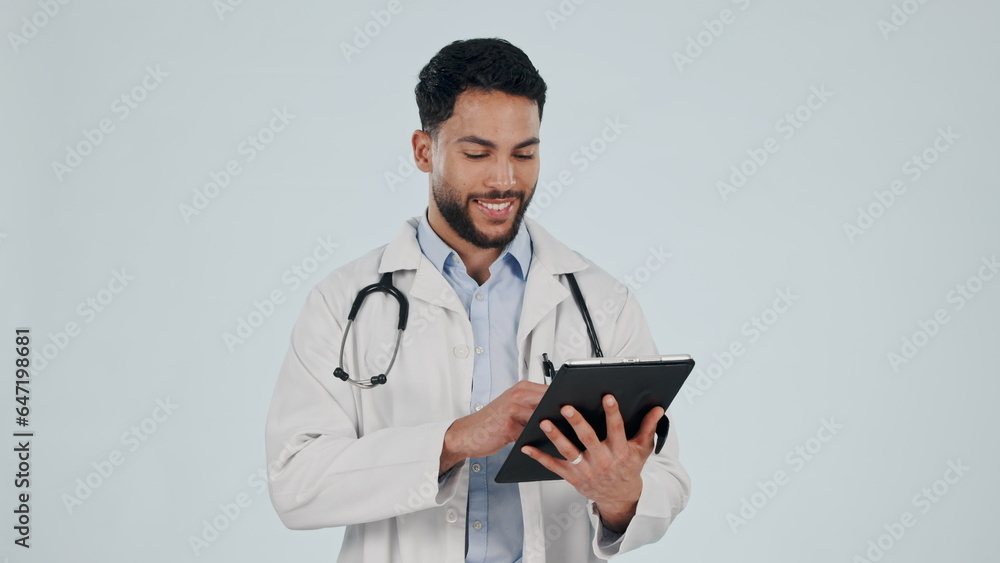 Doctor, man and tablet for healthcare service, social media and clinic software, internet scroll or 