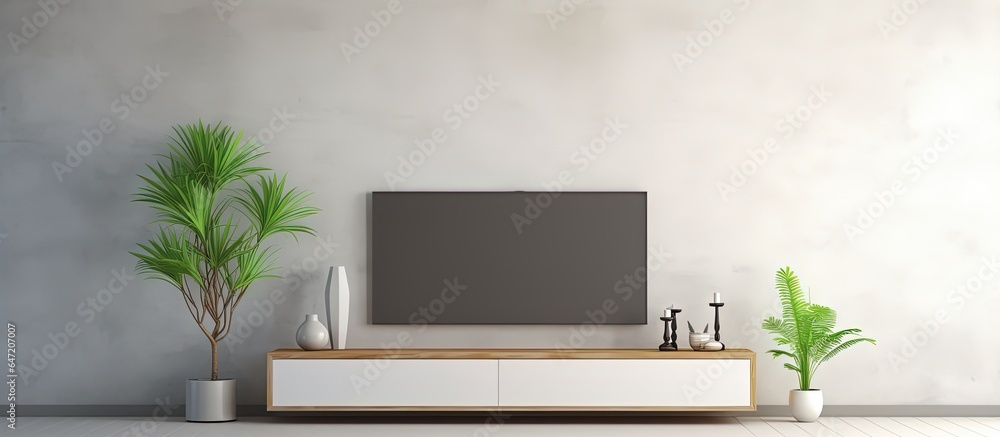 a modern living room with a white wall background featuring a television cabinet sofa and plant