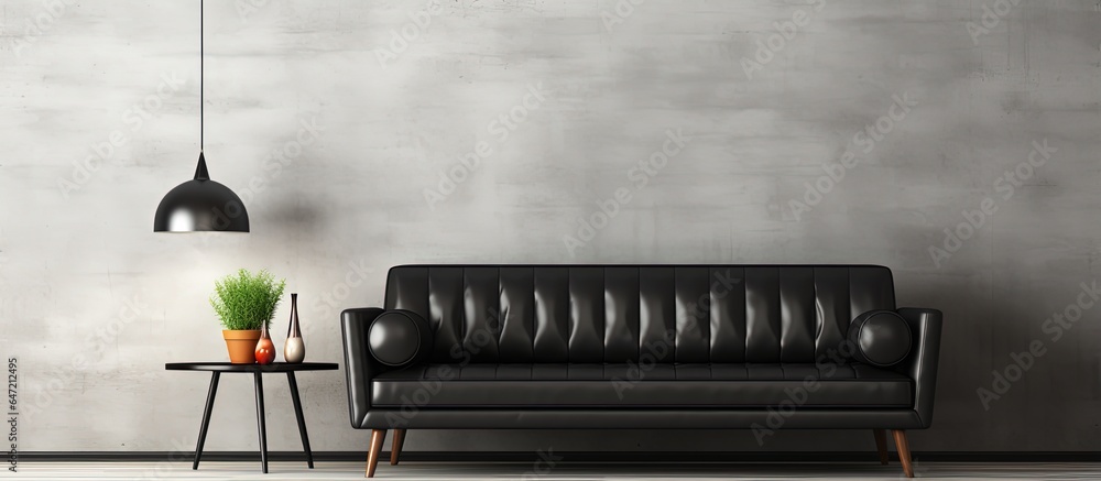 concept of a contemporary set with a black leather sofa and coffee table in front of a blank white m