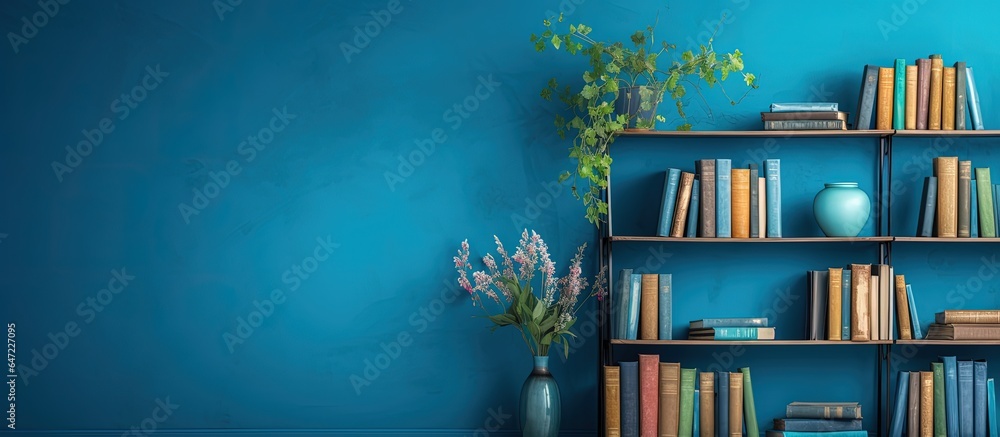 Book storage with indoor gardens by a colored wall