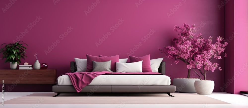 Bedroom interior design with minimal Muji influence featuring a vibrant magenta color scheme and Jap