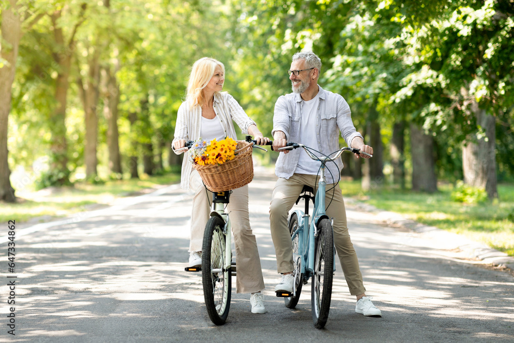 Older Age Activities. Happy Mature Couple Riding Bicycles Together In Park