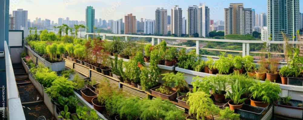 A snapshot of urban gardening on balconies and rooftops of the highrise buildings, aiding in reducin