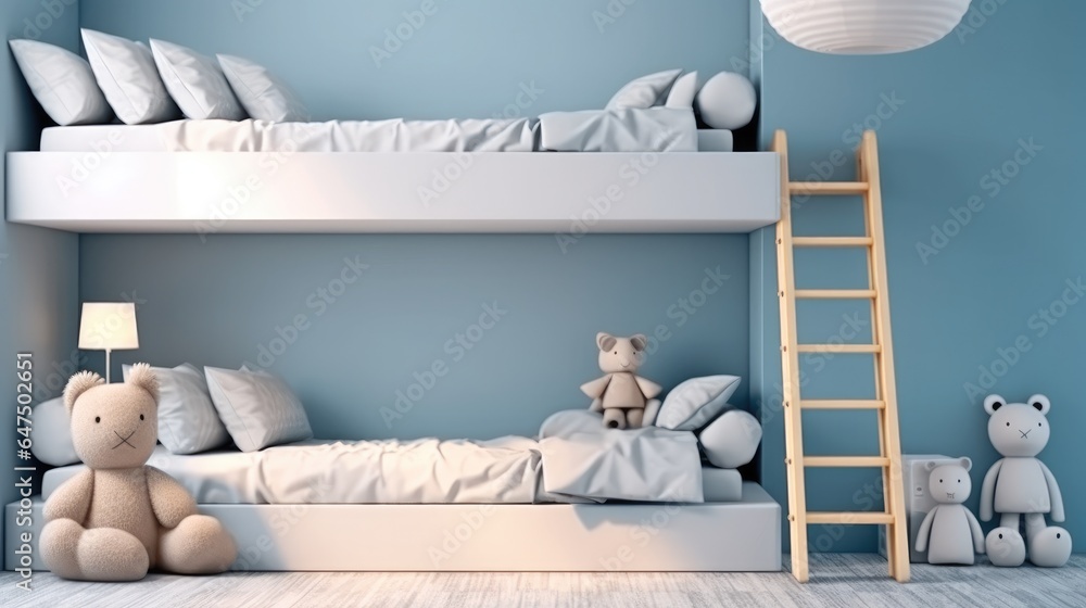 Children room with built-in bunk bed in blue pastel color background.