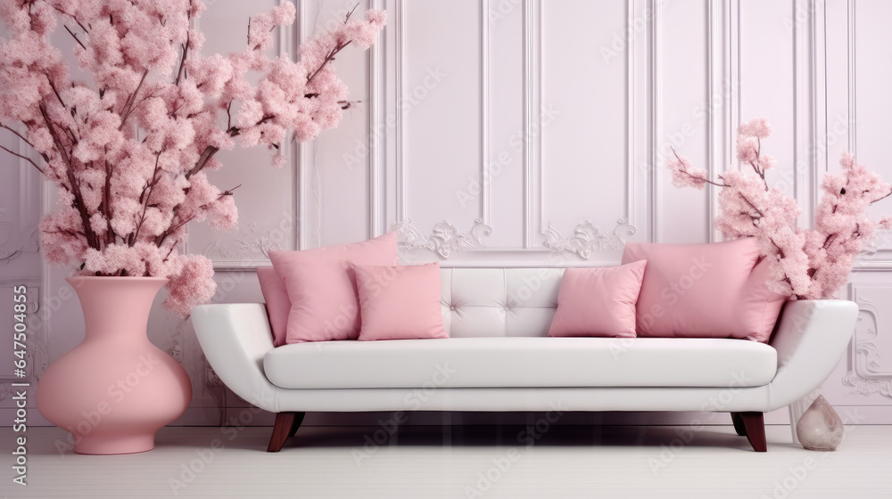 Pink couch in luxurious living room.