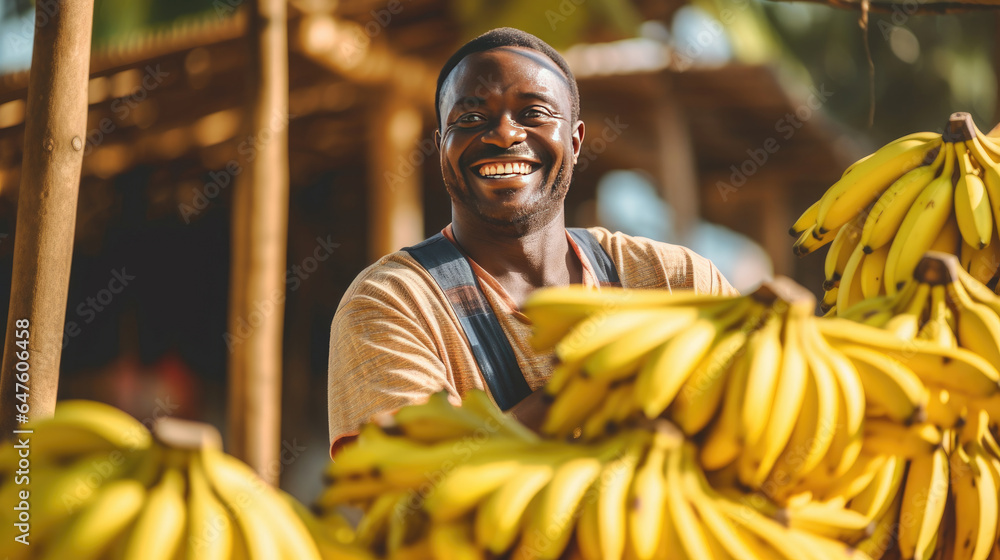 Joyful african american man smiling selling bunch of bananas in fruit market on street. Generative A
