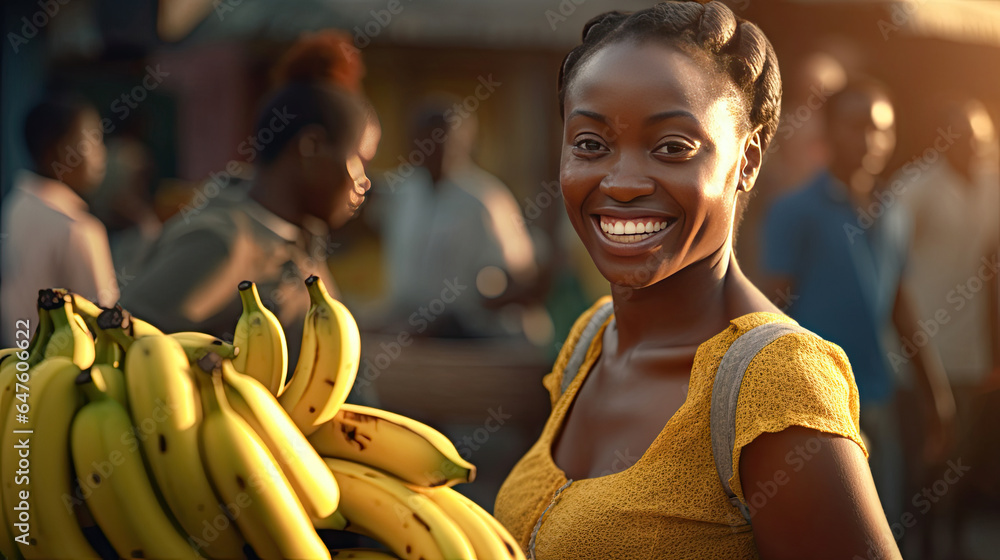 Joyful african american woman smiling selling bunch of bananas in fruit market on street. Generative