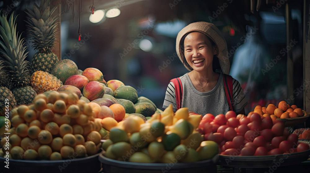 Joyful seller asian woman working in fruit shop. Generative Ai