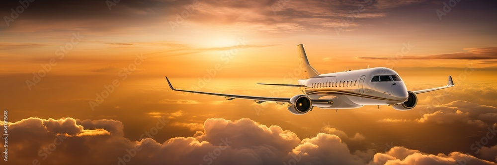 Luxury private jet flying above the clouds, beautiful sunset on background. Travel and airplane conc
