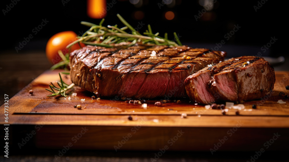 Grilled medium rare steak on wooden board. Generative Ai