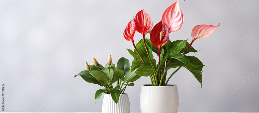 Heart shaped Anthurium house plant in white flowerpot represents hospitality