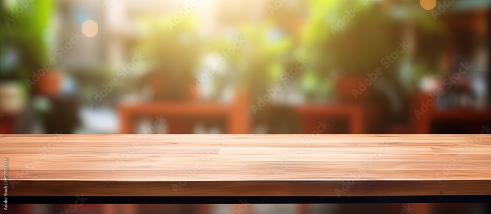 Empty wooden board on table with blurred interior of coffee shop as background product mock up