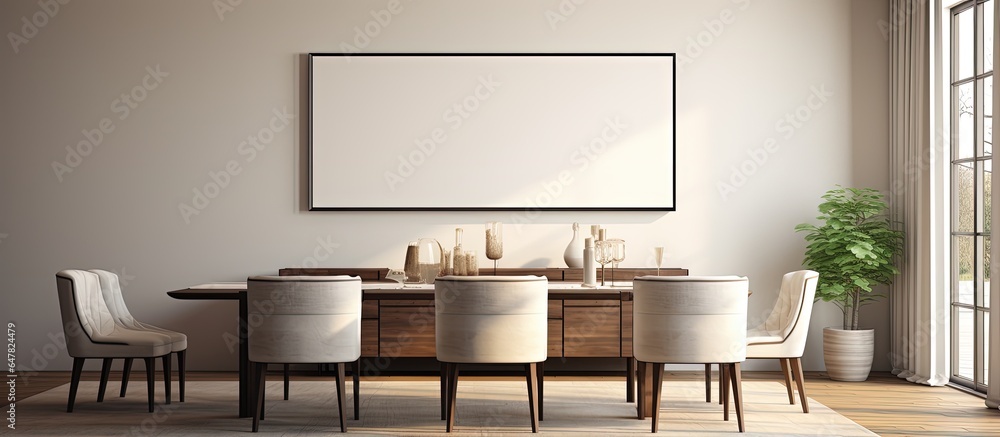 Luxurious furniture rendering in a comfortable dining room with a blank photo frame on the wall