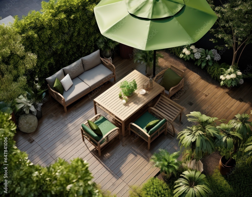 A green residential garden terrace scene with outdoor furniture