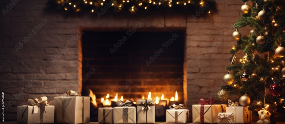 Gift boxes on a wooden table in front of a fireplace during Christmas season