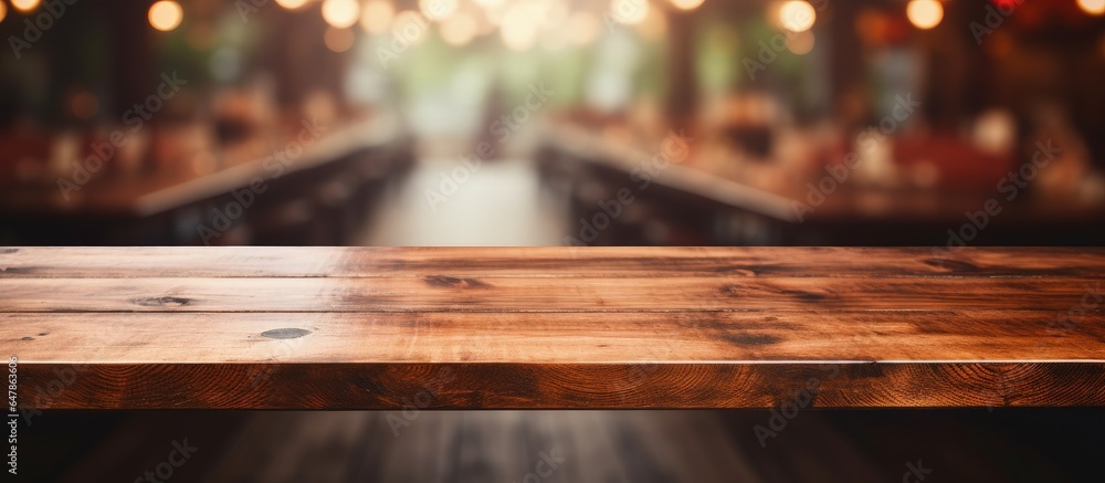 Empty wooden table with brown color and blurred coffee shop background for displaying products in a 