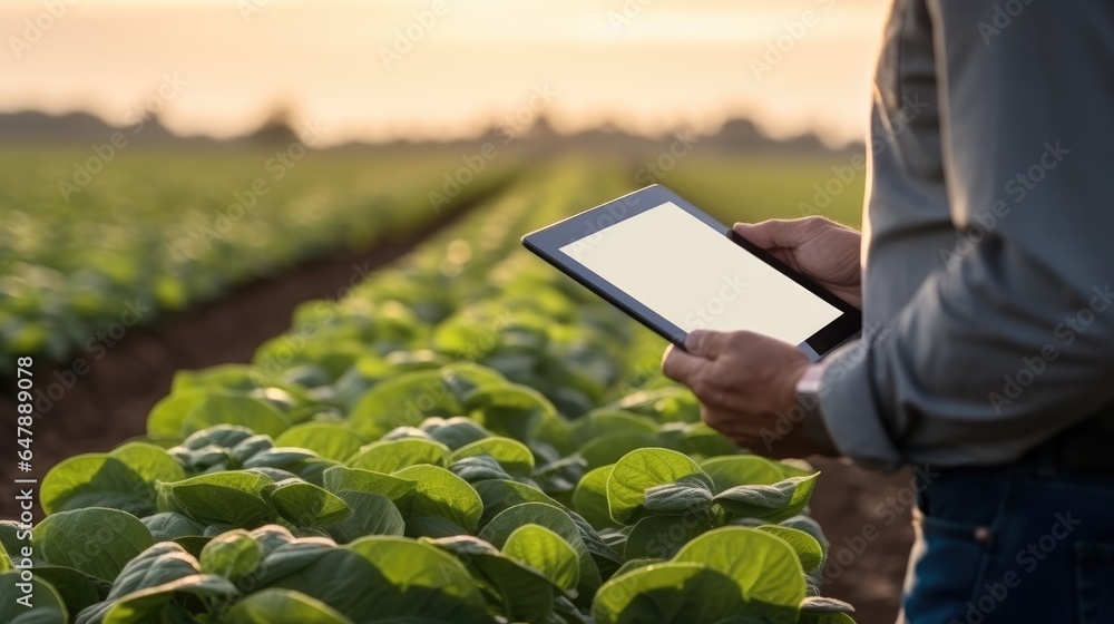 Modern agricultural technology, Farmer using a tablet to monitor crop growth and soil health.