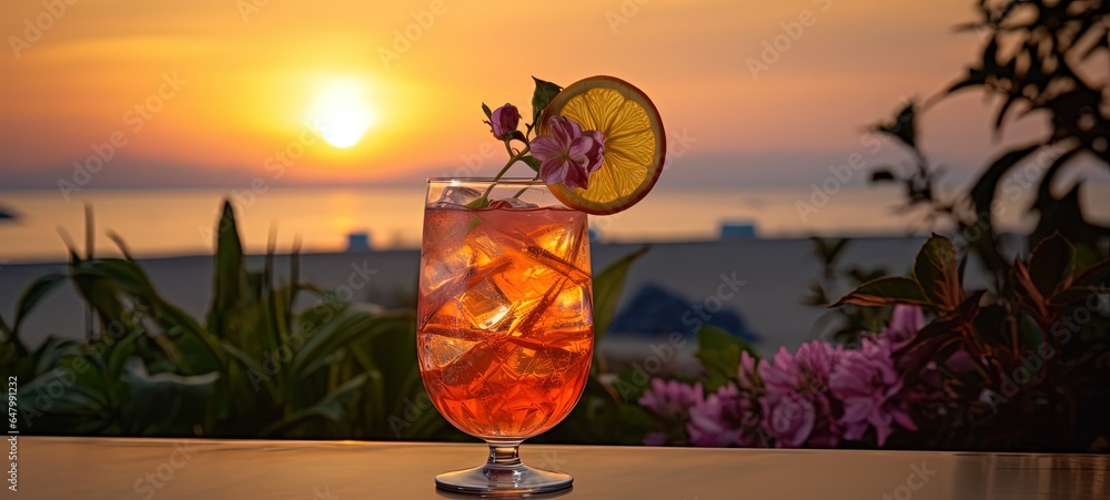close up a glass of cocktail with beautiful seascape at sunset time, Generative Ai