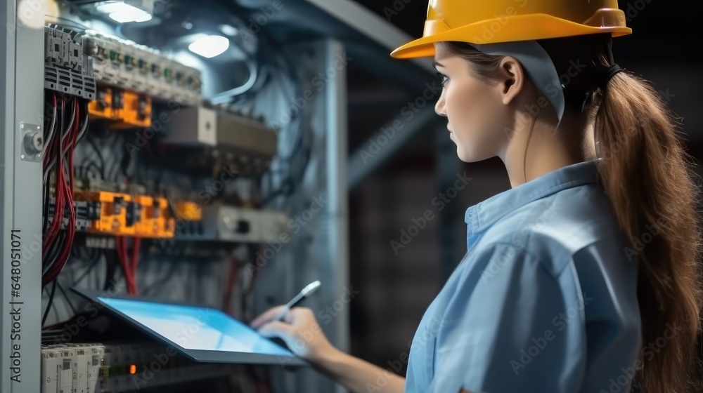 Electrical Engineer woman working check service maintenance electricity main circuit fuse and power system in system control room.