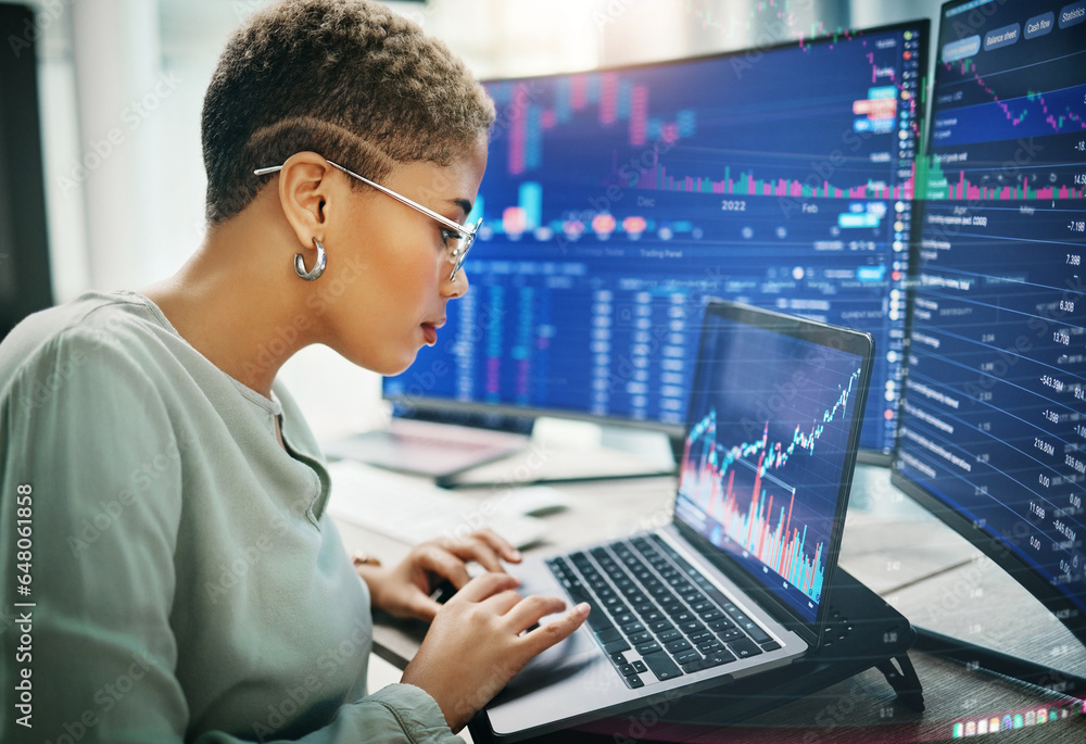 Laptop, investment graphs and business woman reading IPO analytics, financial bank chart or accounting value, info or stocks. Trade price, admin data analysis and profile of broker review statistics