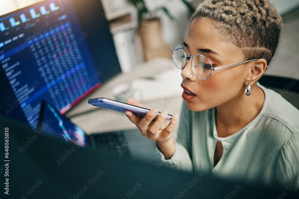 Computer, speaker phone call or business woman on stock market discussion, consultation or crypto advice. Cellphone voice note, corporate face or trading advisor consulting on financial data analysis