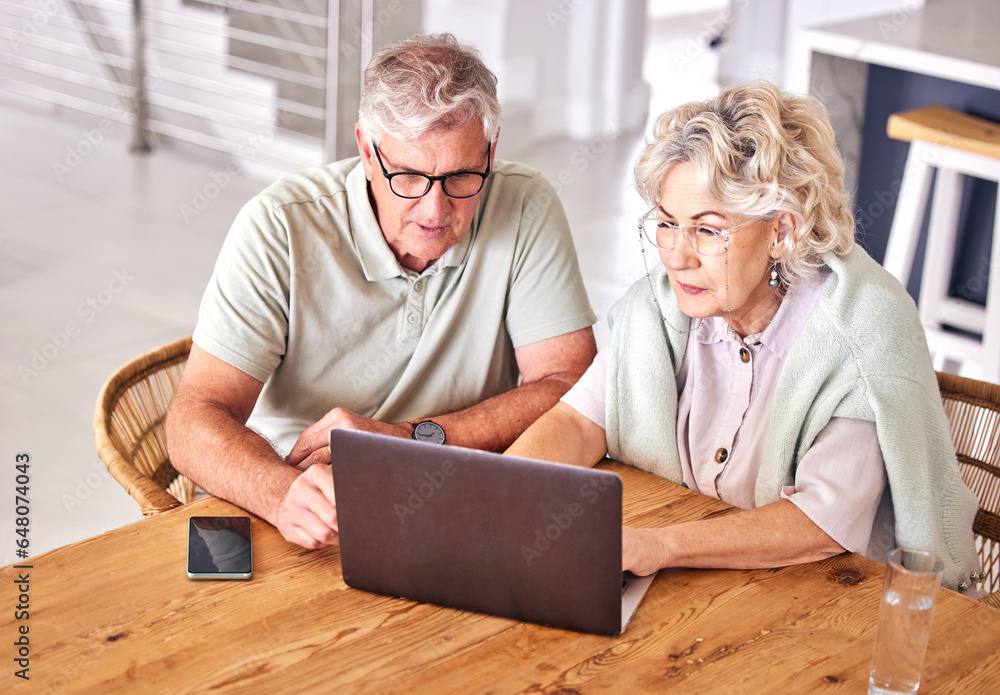 Senior couple, laptop and search in home for online shopping, banking and planning insurance for retirement. Old man, elderly woman and typing on computer for financial investment, budget and network