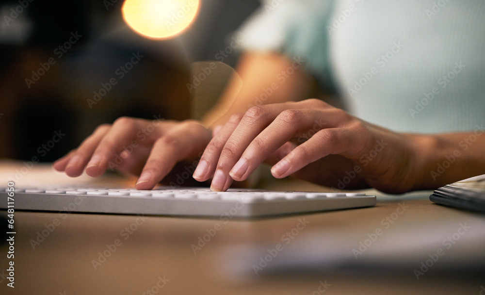 Hands, keyboard and a business person typing in an office closeup at night for overtime project management. Computer, email and desk with an employee working on a report or assignment in the evening