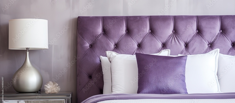 White and purple bedroom with floral cushions leather headboard bedside lamps Comfortable hotel or modern home