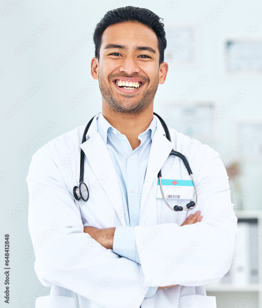 Portrait of doctor with smile, arms crossed and healthcare, professional in hospital for support and help. Medicine, happy man with confidence and pride in medical career, expert surgeon in clinic.