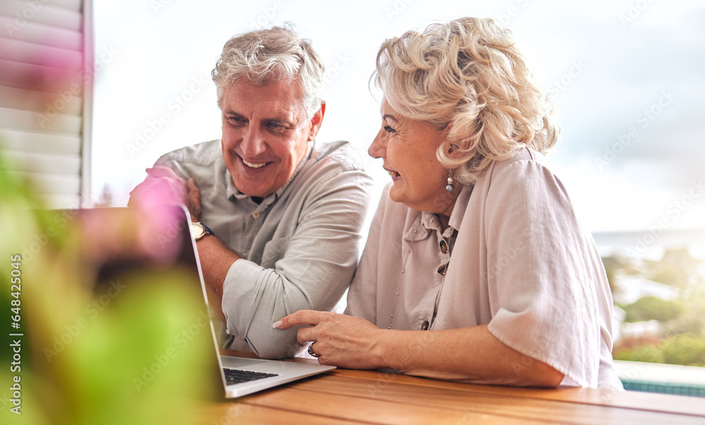 Happy, email and senior couple with a laptop for communication, home budget or ecommerce. Online banking, love and an elderly man and woman with a computer for planning retirement or working on tech