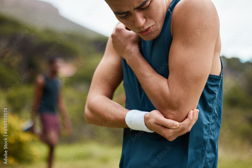 Sports man, nature and elbow pain from workout training injury or fitness running accident outdoors. Bad bruise, broken arm bone or closeup of injured athlete runner with exercise emergency in park